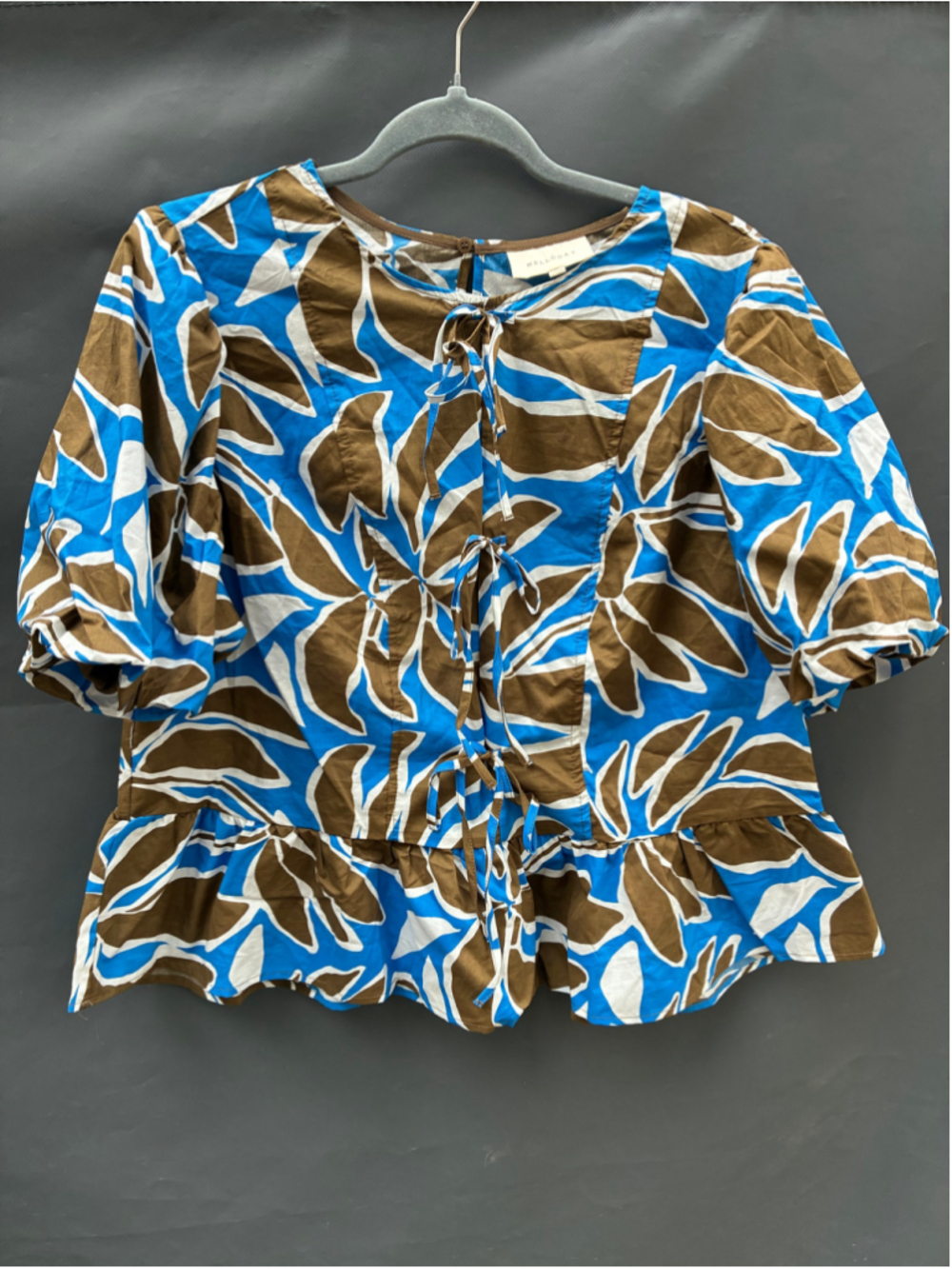 Melloday Blouse XL Blue Brown Floral Print Peplum Top